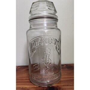 Vintage Classic Planters Peanut 75th Anniversary Clear Glass Jar w Lid 1981 1906